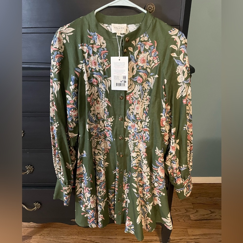 NWT Sezane Caprice Green Floral Border US 6 FR 38